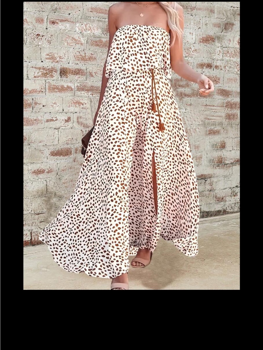 SHEIN Cream Off-Shoulder Maxi Dress with Brown Spot Print